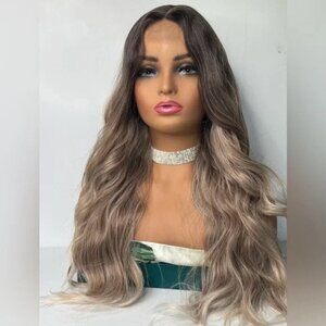 Soft Waves Ombre Wig – Brown Roots & Natural Ash Blonde Highlights 28 In